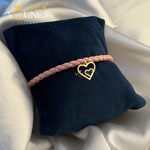 دستبند چرم دوقلب طلا